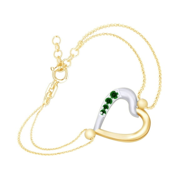 AFFY Round Shape Simulated Emerald Two Tone Heart Link Chain Bracelets In 14k Yellow Gold Over Sterling Silver-8.5"
