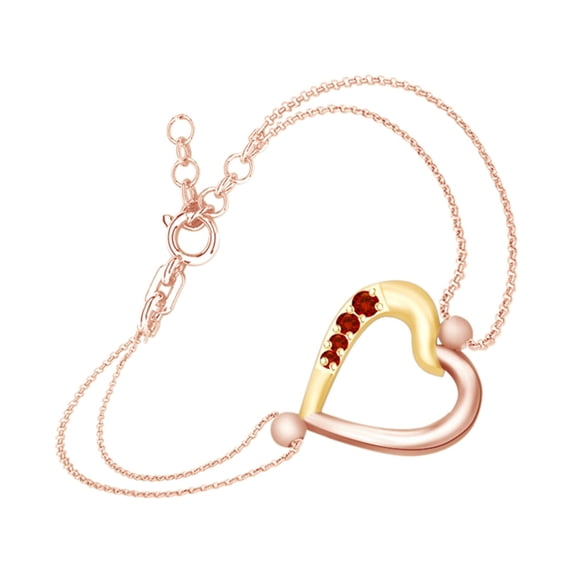AFFY Round Shape Simulated Garnet Two Tone Heart Link Chain Bracelets In 14k Rose Gold Over Sterling Silver-7.5"