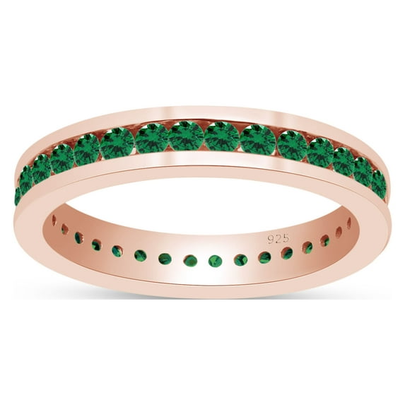 AFFY Round Shape Simulated Green Emerald Full Eternity Band Ring In 14K Rose Gold Over Sterling Silver, Ring Size-5