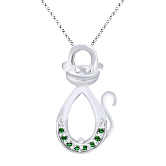 Round Shape Simulated Green Emerald Infinity Monkey Pendant Necklace In 14K White Gold Over Sterling Silver
