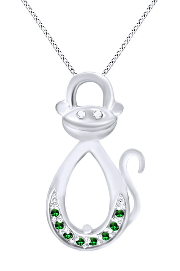 Round Shape Simulated Green Emerald Infinity Monkey Pendant Necklace In 14K White Gold Over Sterling Silver