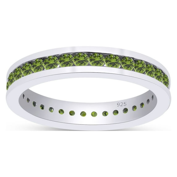 AFFY Round Shape Simulated Peridot Full Eternity Band Ring In 14K White Gold Over Sterling Silver, Ring Size-7.5