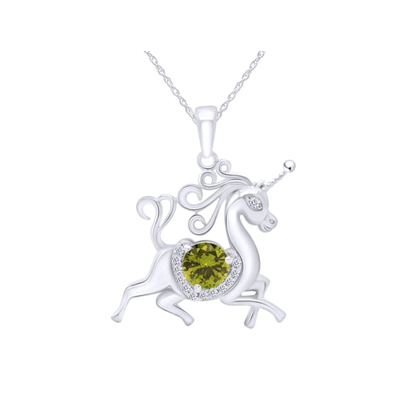 AFFY Round Shape Simulated Peridot & White Cubic Zirconia Unicorn Horse Pendant Necklace In 14k White Gold Over Sterling Silver