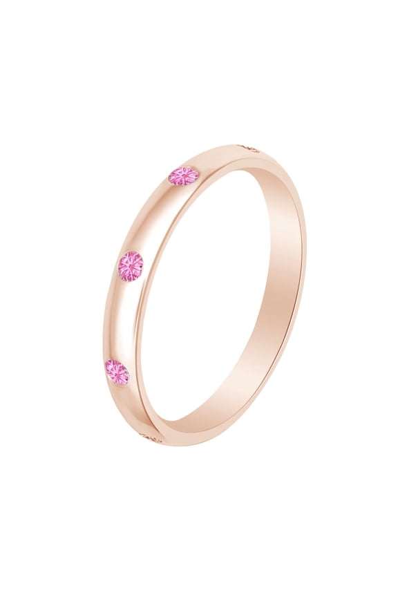Round Shape Simulated Pink Tourmaline Burnish Set 14k Rose Gold Over Sterling Silver Band Ring -8