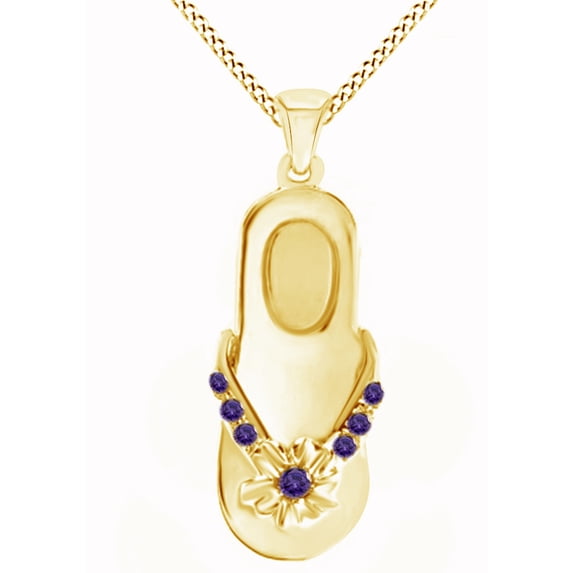 AFFY Round Shape Simulated Violet Amethyst Sandal Pendant Necklace In 14k Solid Yellow Gold (0.12 Cttw)