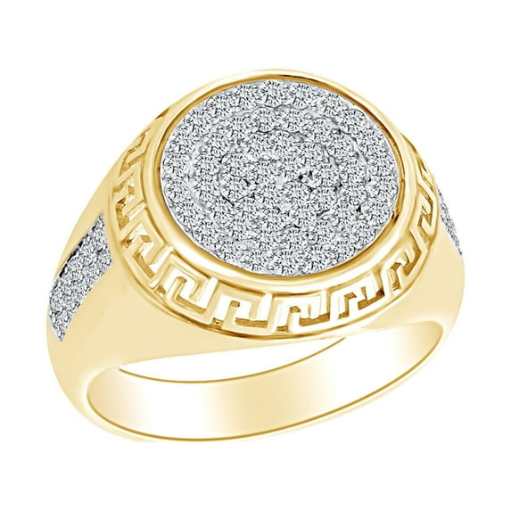 AFFY Round Shape Simulated White Cubic Zirconia Greek Key Men's Engagement Ring 14K Solid Gold