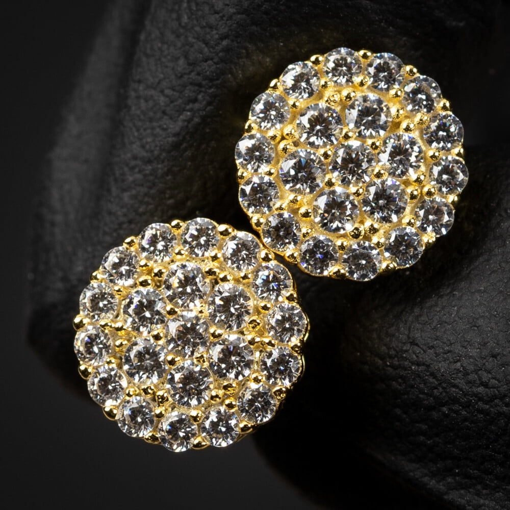 Yellow Gold Plated 925 Sterling Silver Screw Back Post Round Hip hop CZ Cluster Screw Back Circle Shape Ice Out Stud Earrings
