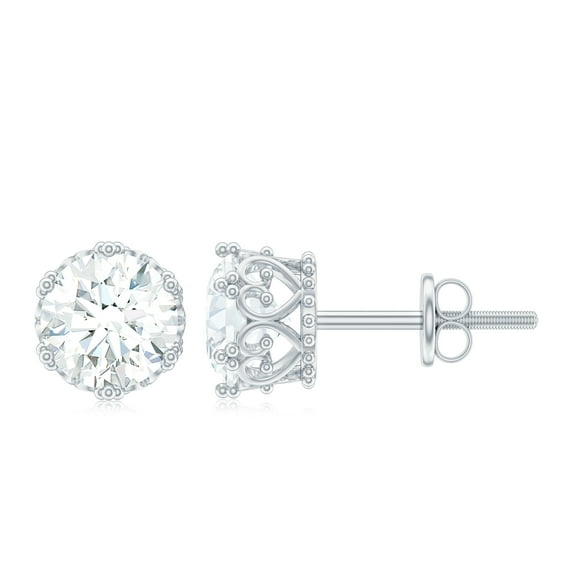 Rosec Jewels Round Shape Solitaire Moissanite Crown Stud Earrings (6 mm, D-VS1 Grade), 925 Sterling Silver