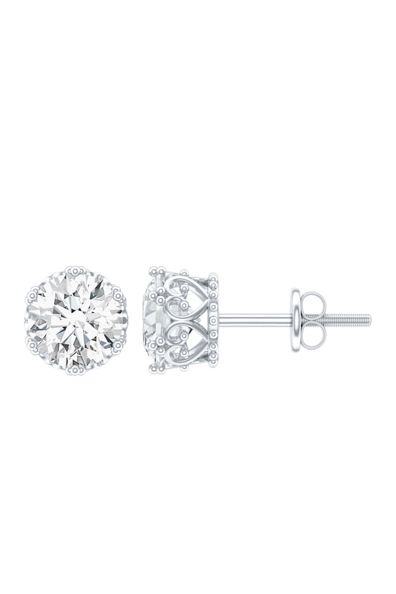 Round Shape Solitaire Moissanite Crown Stud Earrings (6 mm, D-VS1 Grade), 925 Sterling Silver