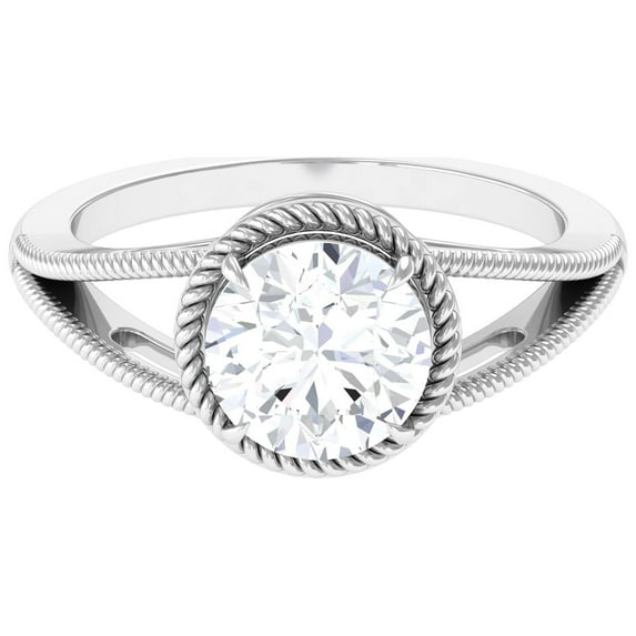 Round Shape Solitaire Moissanite Split Shank Engagement Ring 2 Carat - 8 mm - D-VS1 Grade, 18K White Gold, US 5.75