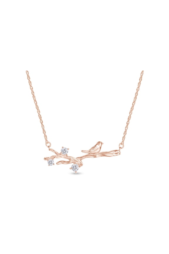 Round Shape Sparkling White Cubic Zirconia Bird On Branch Pendant Necklace in 14k Rose Gold Over Sterling Silver