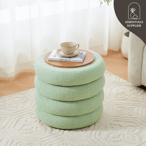 Round Shape Storage Ottoman Stool with Flip Tray, Vanity & Footrest Chair, Green