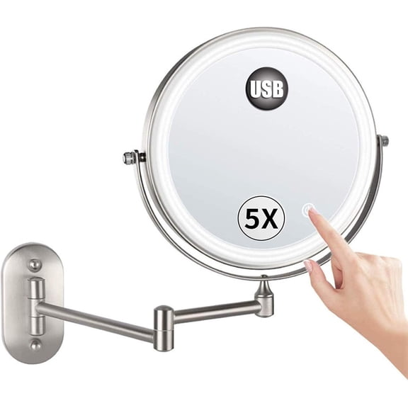 Round Shape Wall Mounted Shaving Mirror for Bathroom,USB Double-Sided LED 360Swivel Foldable Wall Mounted Makeup Mirror,3 Light Modes with Touch Sn,8"