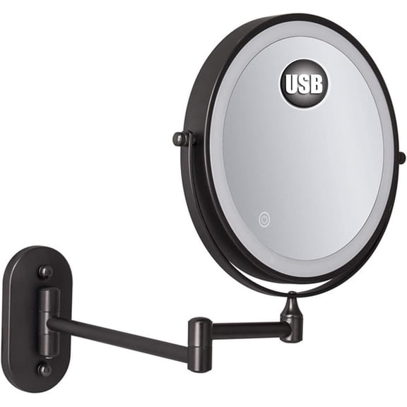 Round Shape Wall Mounted Shaving Mirror for Bathroom,USB Double-Sided LED 360Swivel Foldable Wall Mounted Makeup Mirror,3 Light Modes with Touch Sn,8"