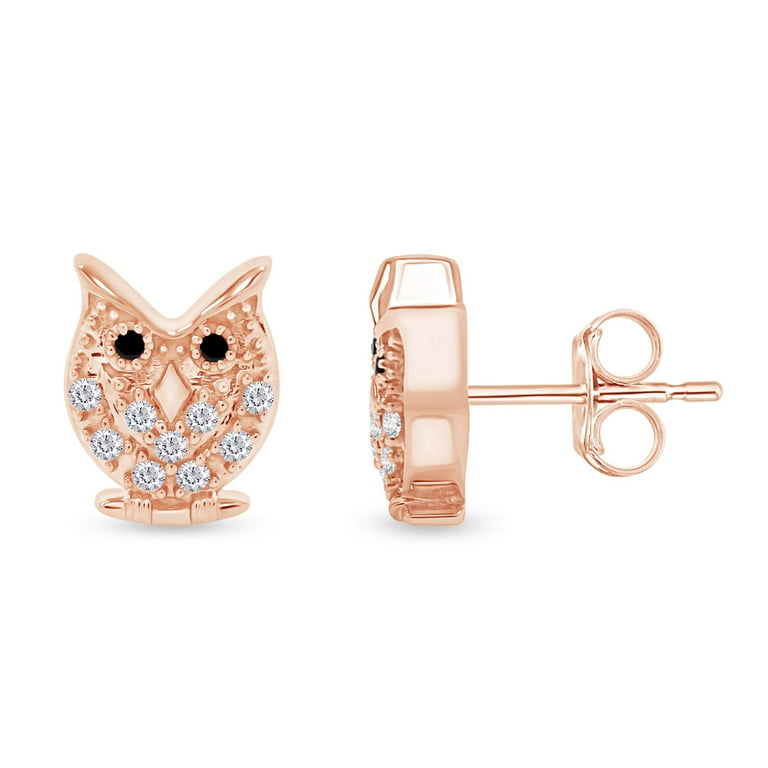 Affy Round Shape White Black Cubic Zirconia Owl Stud Earrings in 14K Rose Gold Over Sterling Silver Women s Size One size Pink