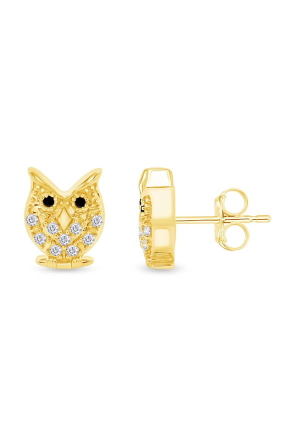 Round Shape White & Black Cubic Zirconia Owl Stud Earrings In 14K Yellow Gold Over Sterling Silver