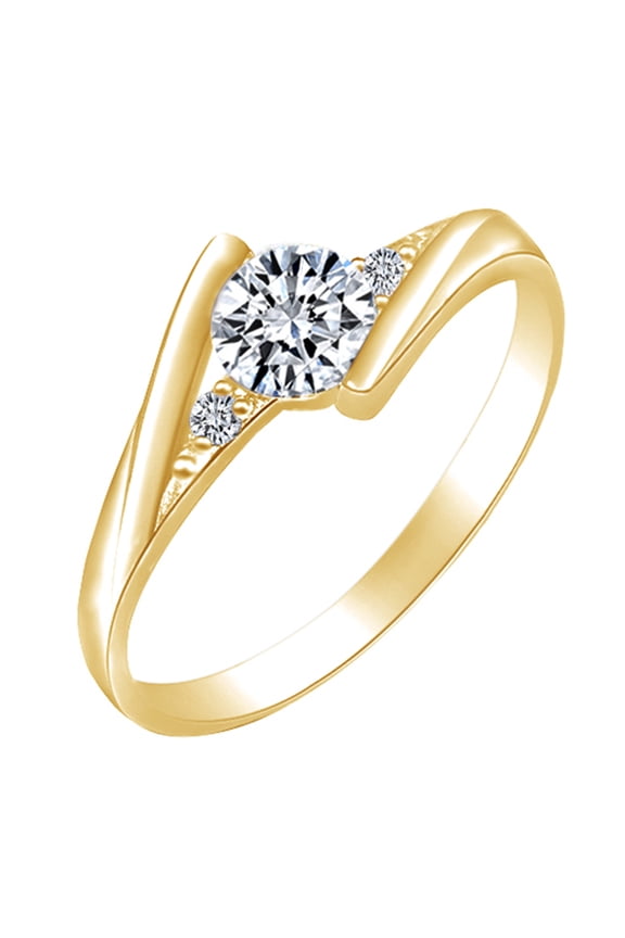 Round Shape White Cubic Zirconia 14k Yellow Gold Over Sterling Silver Three Stone Engagement Ring