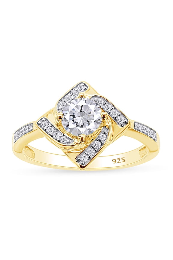 Round Shape White Cubic Zirconia 14k Yellow Gold Over Sterling Silver Windmill Engagement Ring