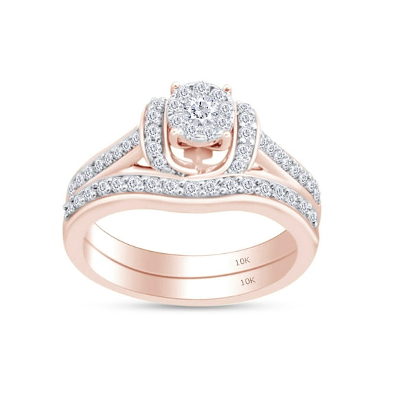 AFFY Round Shape White Cubic Zirconia Bridal Cluster Halo Engagement Ring In 10K Solid Rose Gold (0.75 cttw) Ring Size-8