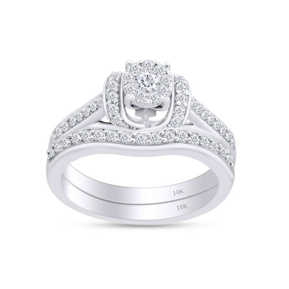 AFFY Round Shape White Cubic Zirconia Bridal Cluster Halo Engagement Ring In 10K Solid White Gold (0.75 cttw) Ring Size-7.5