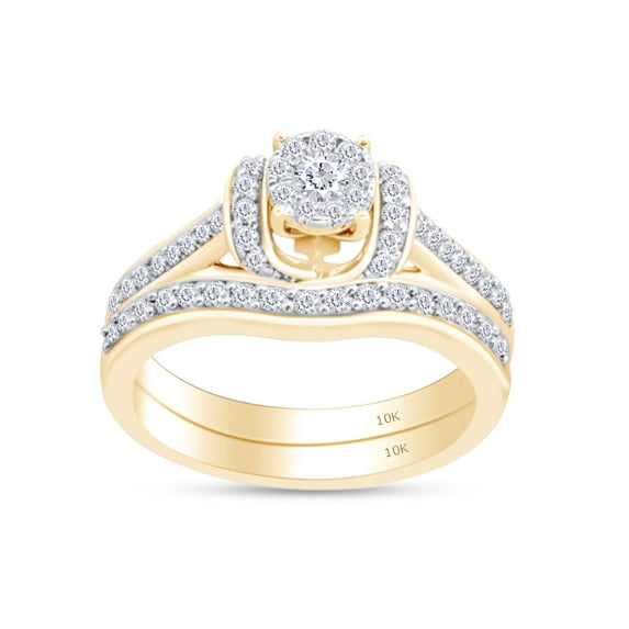 AFFY Round Shape White Cubic Zirconia Bridal Cluster Halo Engagement Ring In 10K Solid Yellow Gold (0.75 cttw) Ring Size-5.5