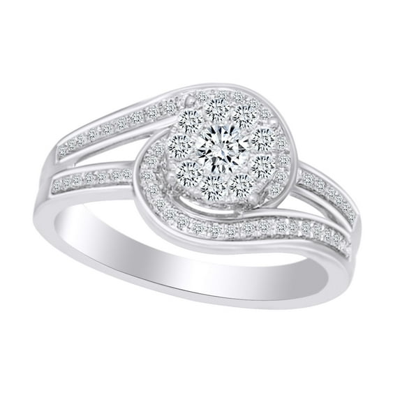AFFY Round Shape White Cubic Zirconia Cluster Swirl Engagement Ring In 10k Solid White Gold (0.50 cttw) Ring Size-10.5