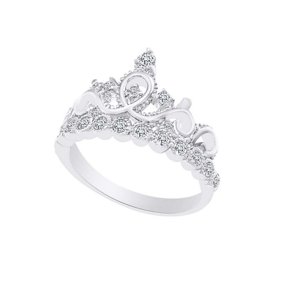 AFFY Round Shape White Cubic Zirconia Crown Princess Engagement Ring In 14k White Gold Over Sterling Silver Ring Size-7.5