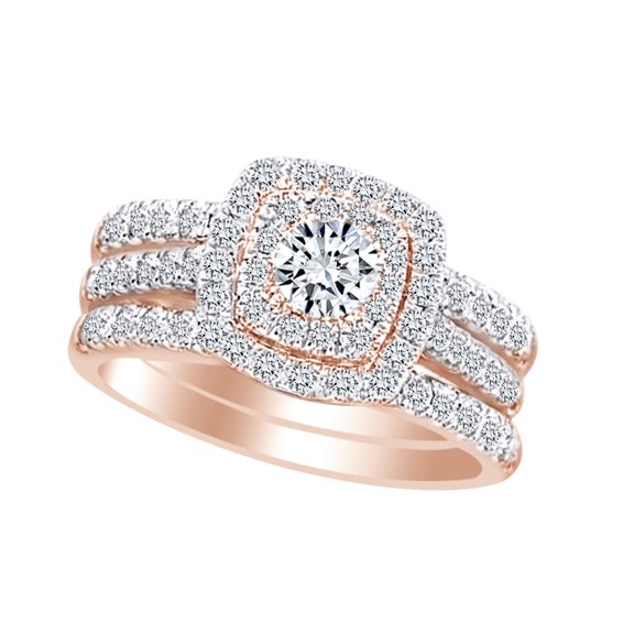 AFFY Round Shape White Cubic Zirconia Double Halo Bridal Ring Set In 10k Solid Rose Gold (1.50 cttw) Ring Size-12