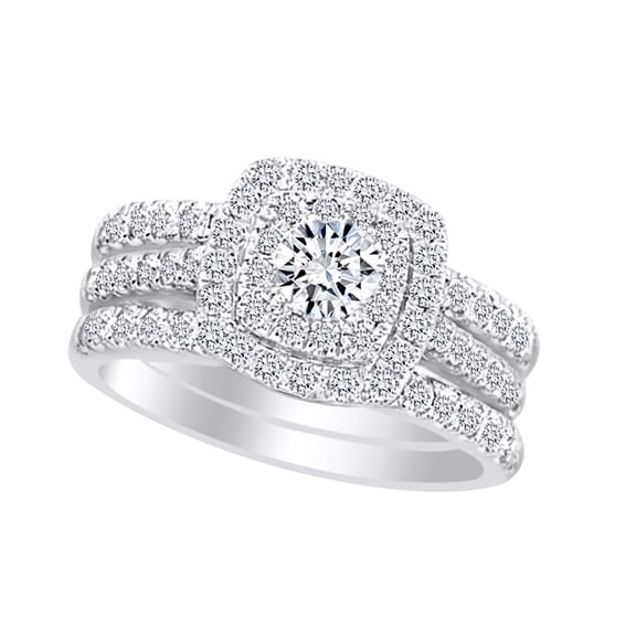 AFFY Round Shape White Cubic Zirconia Double Halo Bridal Ring Set In 10k Solid White Gold (1.50 cttw) Ring Size-7