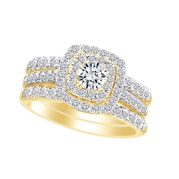 AFFY Round Shape White Cubic Zirconia Double Halo Bridal Ring Set In 10k Solid Yellow Gold (1.50 cttw) Ring Size-10