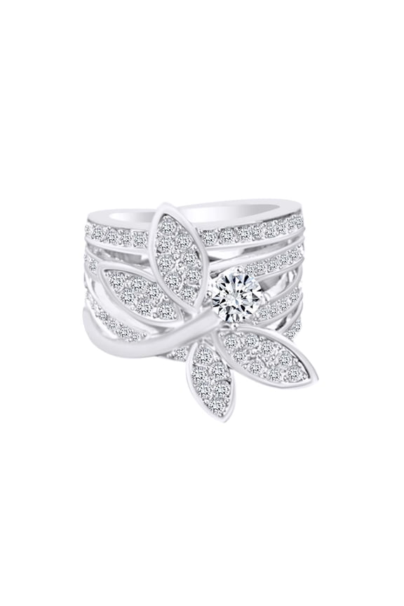 Round Shape White Cubic Zirconia Dragonfly Fashion Engagement Ring In 14k White Gold Over Sterling Silver Ring Size-9