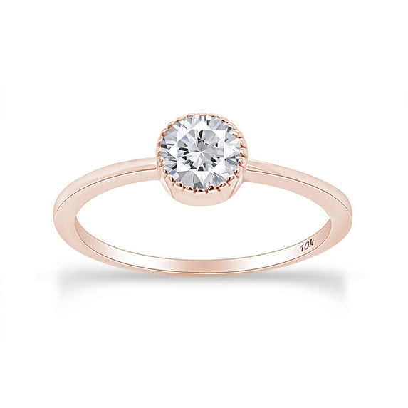 AFFY Round Shape White Cubic Zirconia Fashion Solitaire Engagement Ring In 10k Solid Rose Gold Ring Size-8.5