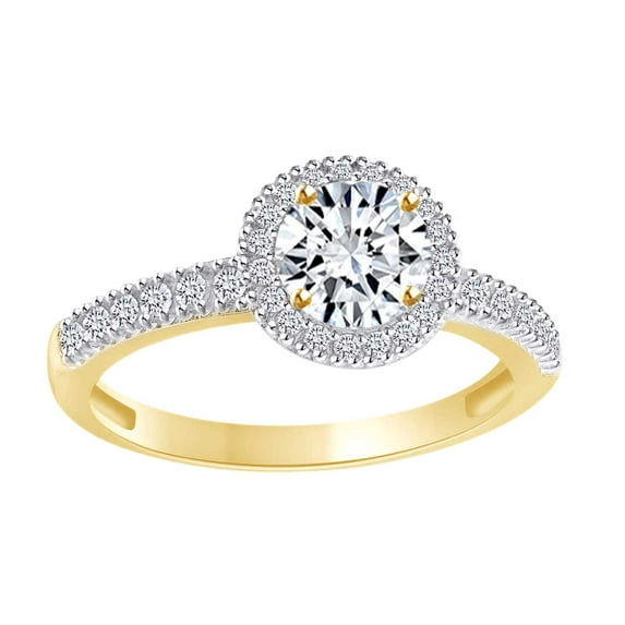 AFFY Round Shape White Cubic Zirconia Halo Solitaire Engagement Ring In 14k Solid Yellow Gold Ring Size-8