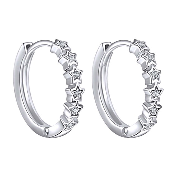 AFFY Round Shape White Cubic Zirconia Huggie Hoop Star Earrings 14k White Gold Over Sterling Silver