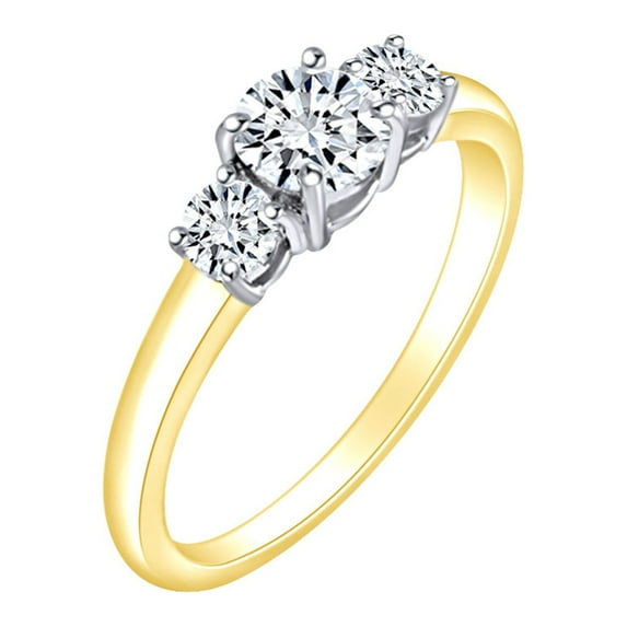 AFFY Round Shape White Cubic Zirconia Three Stone Engagement Ring In 14k Yellow Gold Over Sterling Silver Ring Size-7