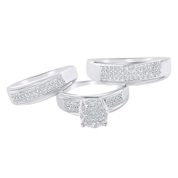 AFFY Round Shape White Cubic Zirconia Trio Engagement Wedding Ring Set In 10k Solid White Gold Ring Size-5.5