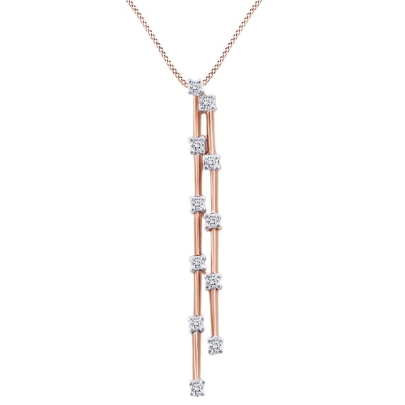 AFFY Round Shape White Diamond (1/6 Cttw) Dual Bar Pendant Necklace In 14K Solid Rose Gold