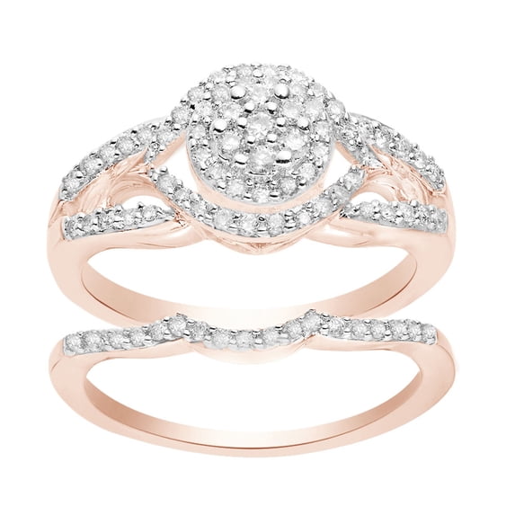 AFFY Round Shape White Diamond Cluster Bridal Engagement Ring Set In 14K Rose Gold Over Sterling Silver (0.5 Cttw)