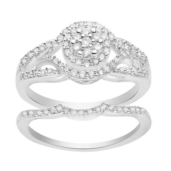 AFFY Round Shape White Diamond Cluster Bridal Engagement Ring Set In 14K White Gold Over Sterling Silver (0.5 Cttw)