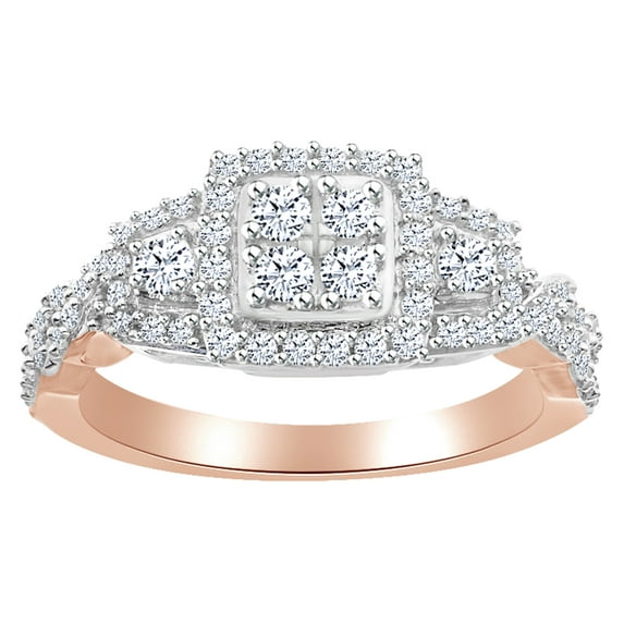 AFFY Round Shape White Diamond Cluster Engagement Ring In 14K Solid Rose Gold (0.62 Cttw) By
