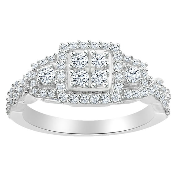 AFFY Round Shape White Diamond Cluster Engagement Ring In 14K Solid White Gold (0.62 Cttw)