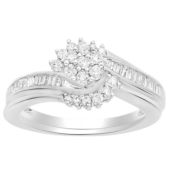 AFFY Round Shape White Diamond Cluster Engagement Ring In 14K White Gold Over Sterling Silver (0.5 Cttw)
