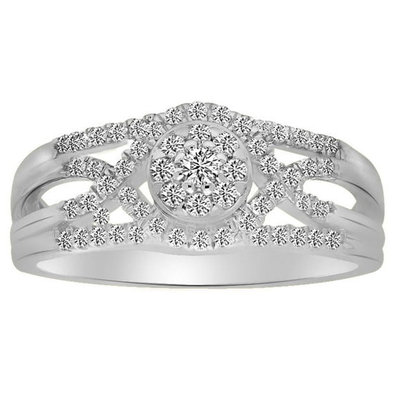 AFFY Round Shape White Diamond Cluster Twisted Engagement Ring In 10K Solid White Gold (0.37 Cttw)