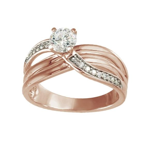 Round Shape White Diamond Crossover Engagement Ring In 14K Solid Rose Gold