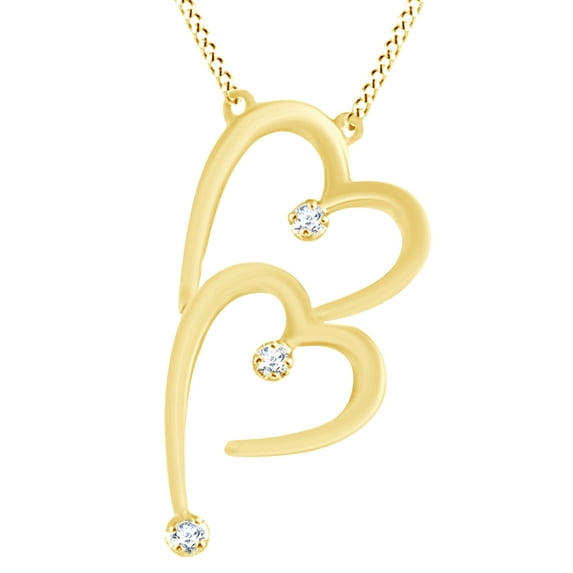 AFFY Round Shape White Diamond Double Heart Pendant Necklace In 14K Solid Yellow Gold (1/10 Cttw)