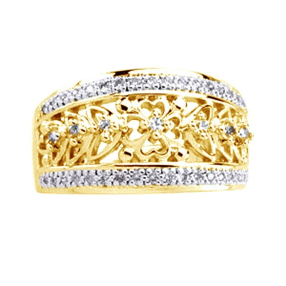 AFFY Round Shape White Diamond Floral Engagement Anniversary Band Ring 14K Solid Yellow Gold By