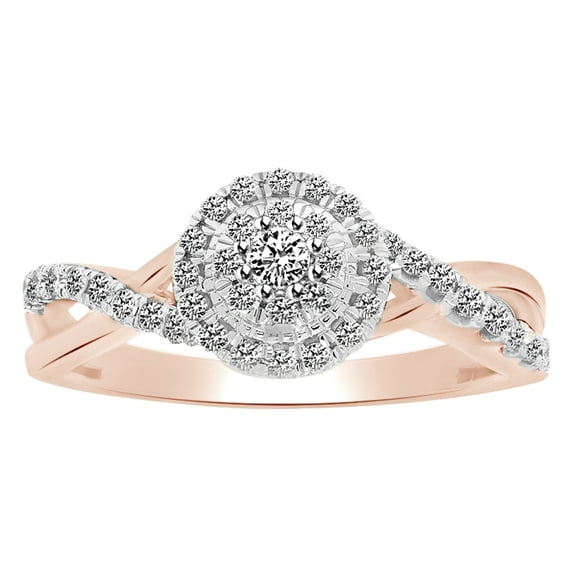 AFFY Round Shape White Diamond Halo Cluster Crossover Engagement Ring In 10K Solid Rose Gold (0.37 Cttw) By
