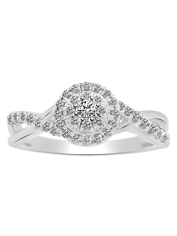 Round Shape White Diamond Halo Cluster Crossover Engagement Ring In 10K Solid White Gold (0.37 Cttw)