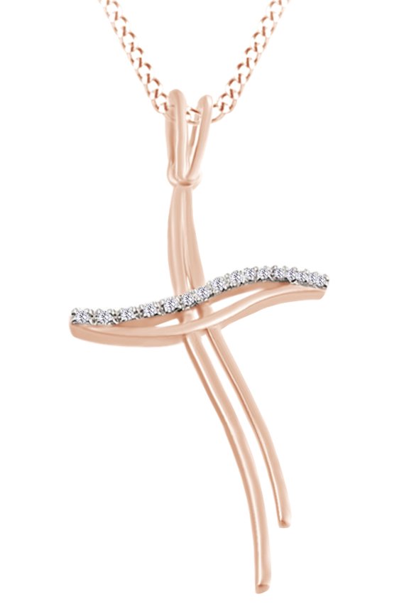 Round Shape White Diamond Wavy Cross Pendant Necklace In 14K Solid Rose Gold (0.07 Cttw)