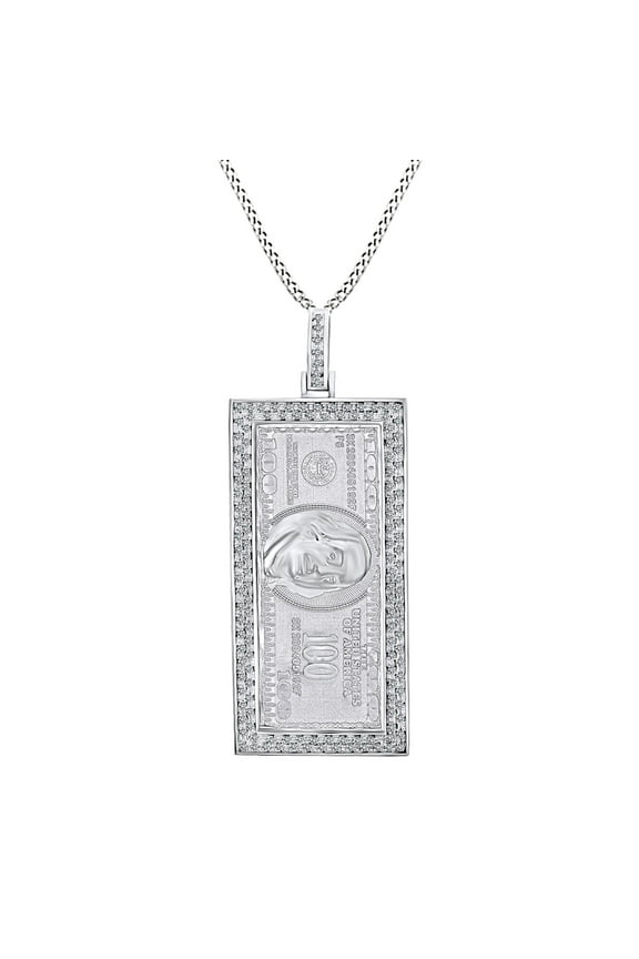 Round Shape White Natural Diamond 100 Dollar Bill Currency Pendant Necklace 10k Solid White Gold (0.60 Cttw)